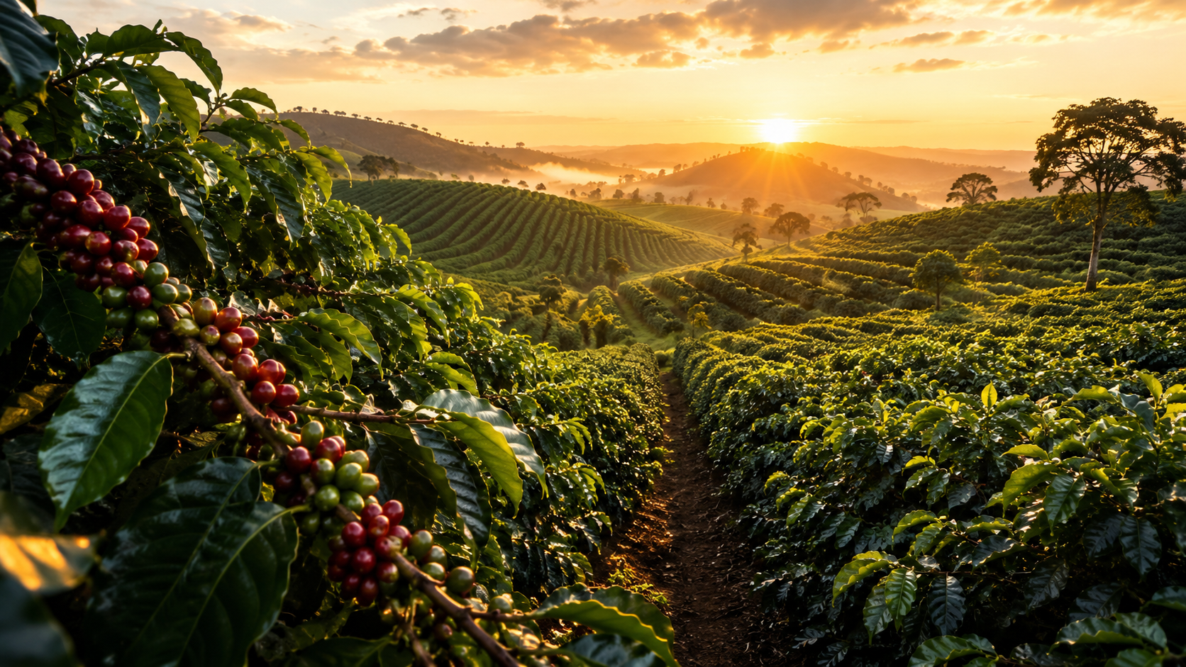 Lavoura de café ao amanhecer com grãos maduros em primeiro plano